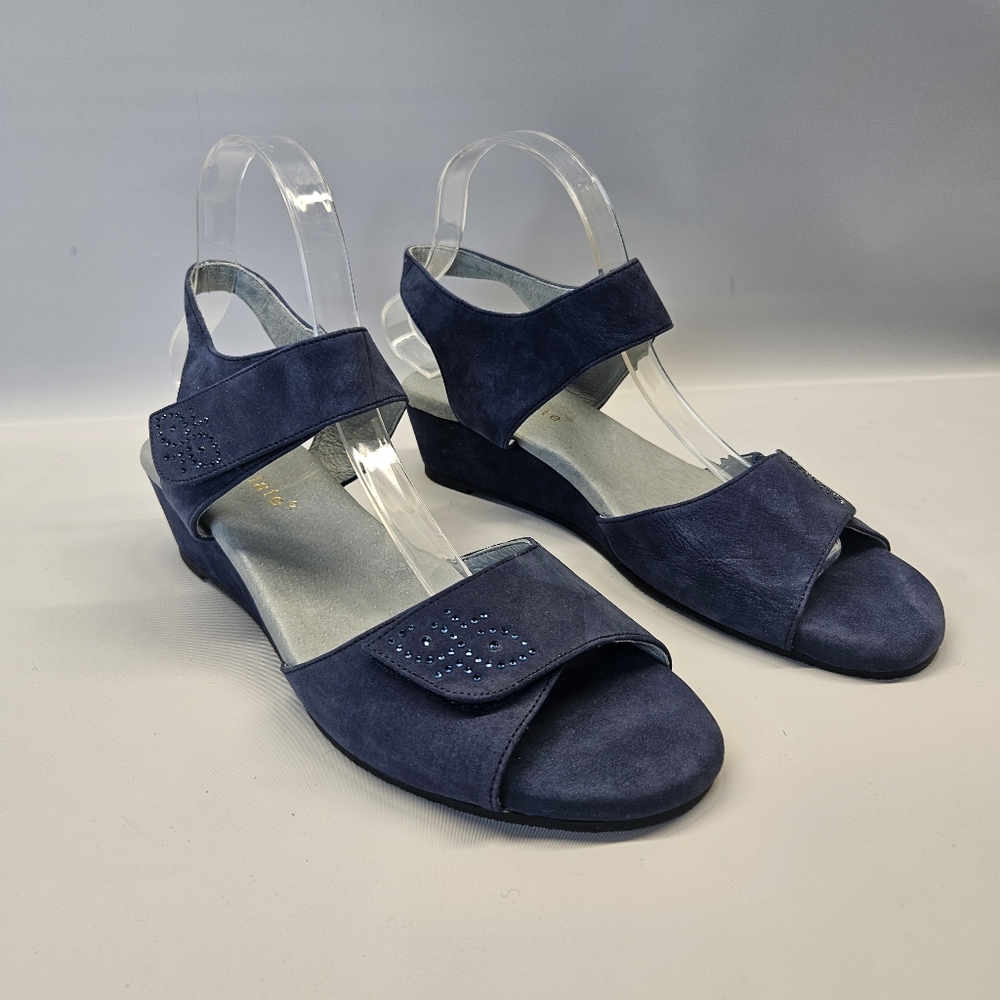 David Tate Wedge Heels Blue Suede Leather Adjustable Straps Jewels Womens 9.5